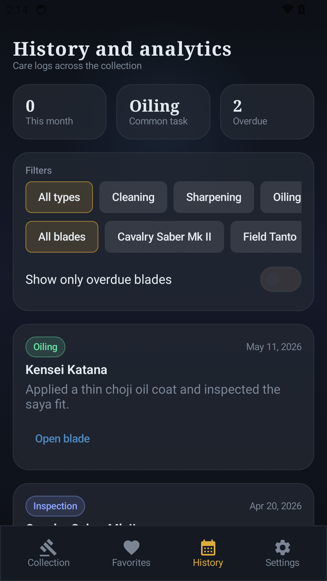 Sword Ledger history screen
